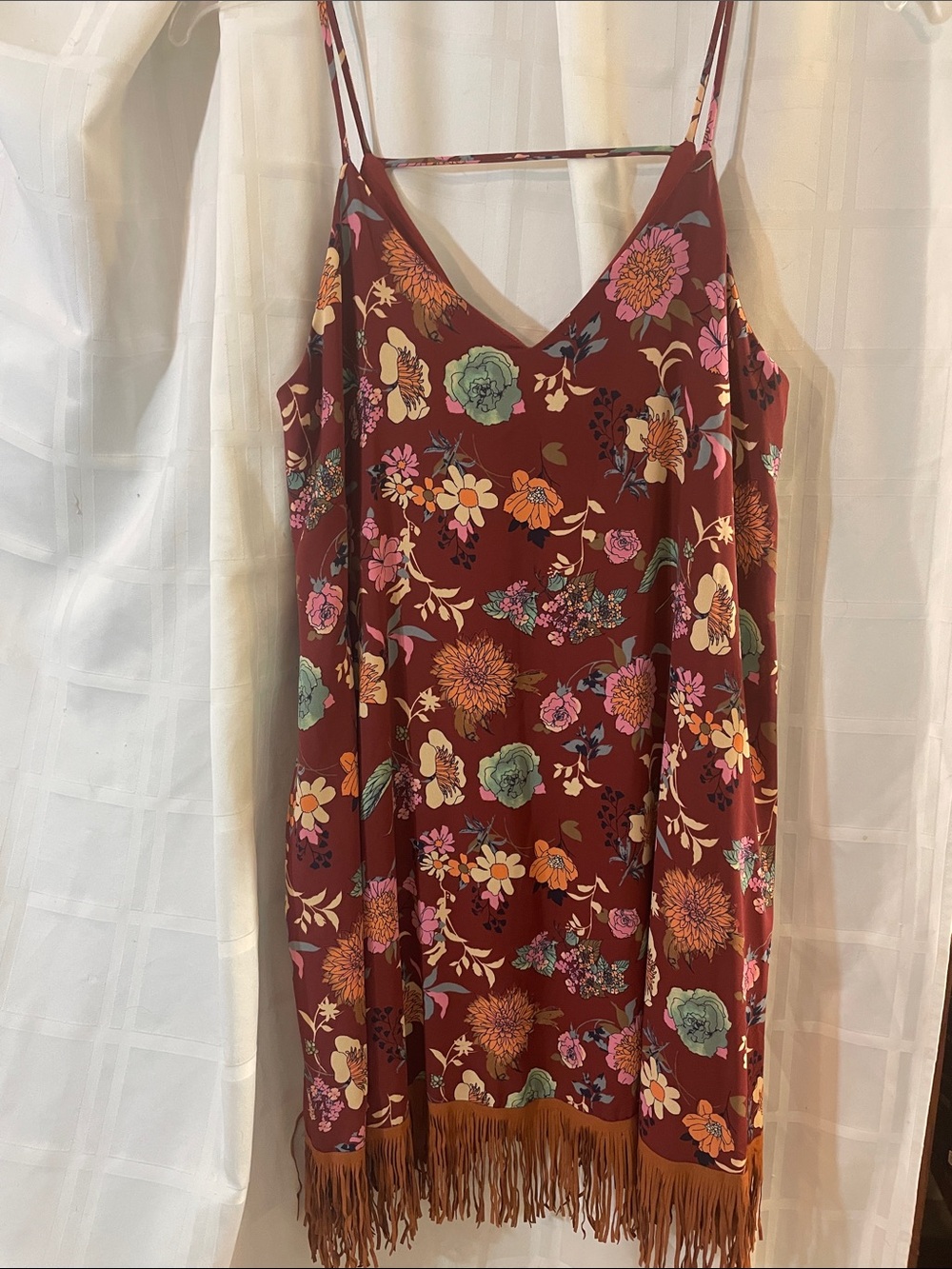 Peach Love California Burgundy Floral Fringe Slip Dress size Medium